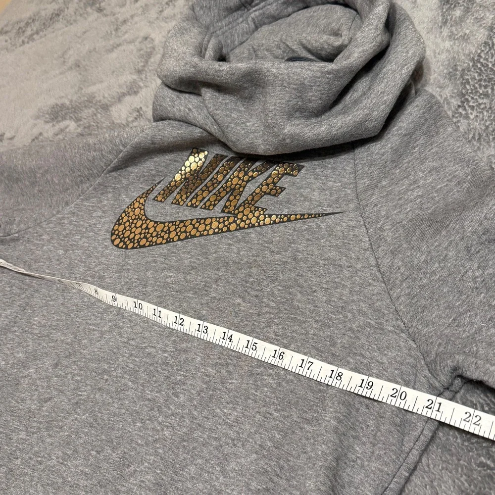 Nike Women Gray Hoodie Sweatshirt‎ Gold Mosaic Logo Pullover Cowl Neck Size M